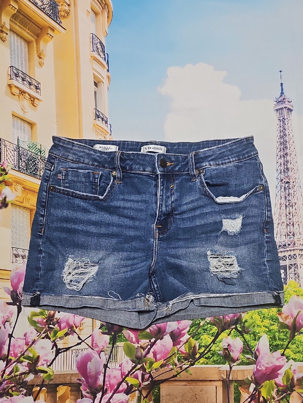 Vigoss Distressed Dark Blue Denim Marley Jean Shorts Size 29